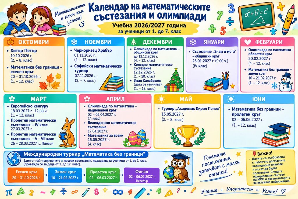 Календар на математическите състезания за учебната 2026/2027 - голяма снимка